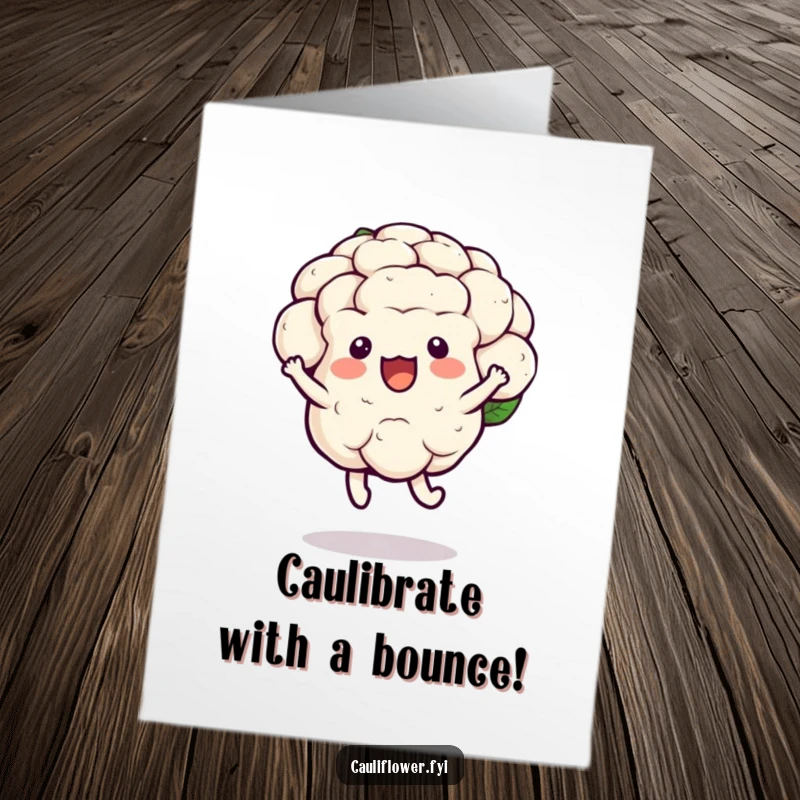 Funny free printable birthday card featuring a kawaii cauliflower doing a joyful little hop with a visible bounce, spreading cheer.