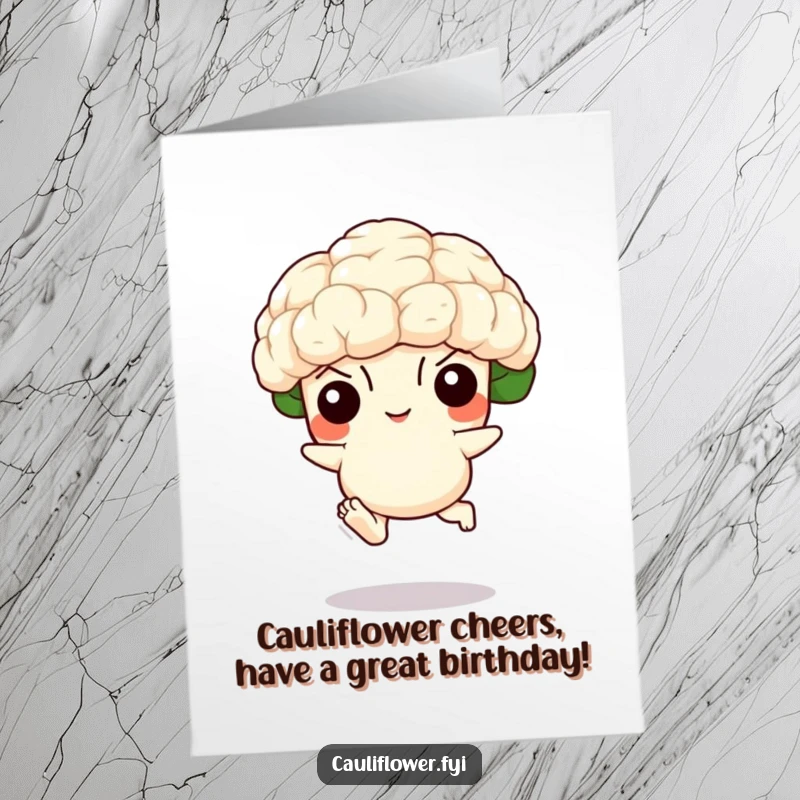 Funny Free Printable Birthday Card featuring a cauliflower with tiny feet leaping joyfully, spreading birthday cheer.