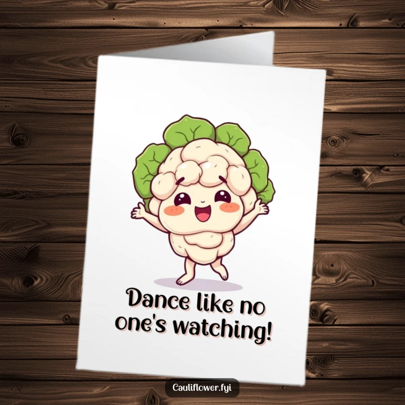 Funny Free Printable Birthday Card: A cauliflower character does a silly dance, its florets wobbling with comical energy and birthday joy.