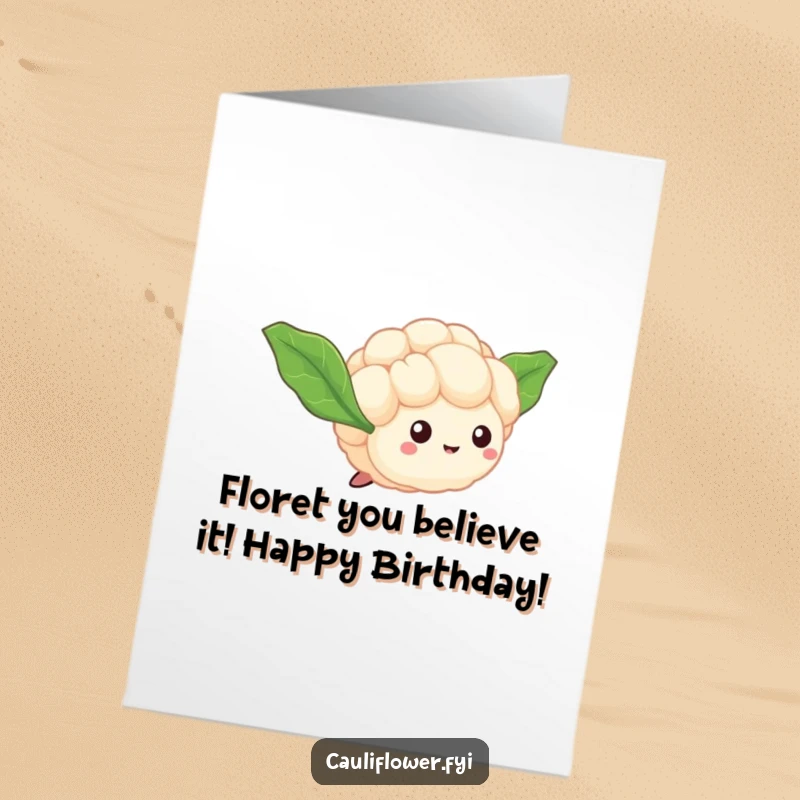 Funny free printable tiny cauliflower floret with leaf wings attempting to fly, spreading birthday cheer, cute downloadable art.