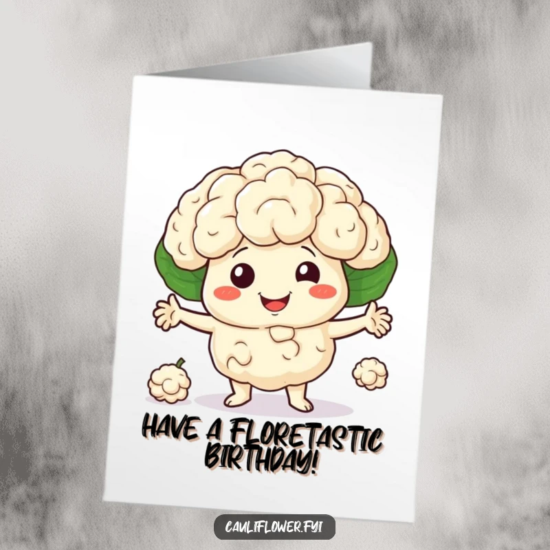 Funny Free Printable Birthday Card showing a smiling cauliflower character expertly juggling three small florets with pure delight.