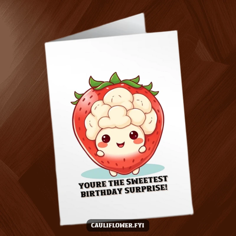 Funny free printable birthday card: a kawaii cauliflower character peeks from behind a giant, smiling strawberry.