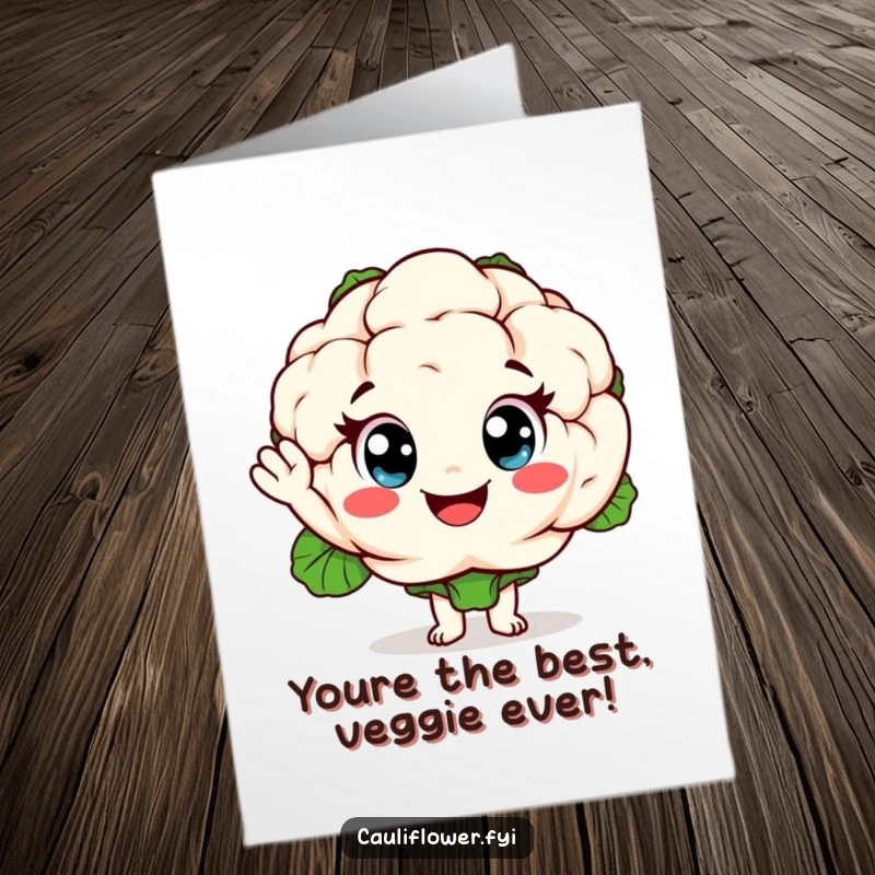 Funny Free Printable Birthday Card featuring a cheerful cauliflower character with big eyes waving a friendly hello.
