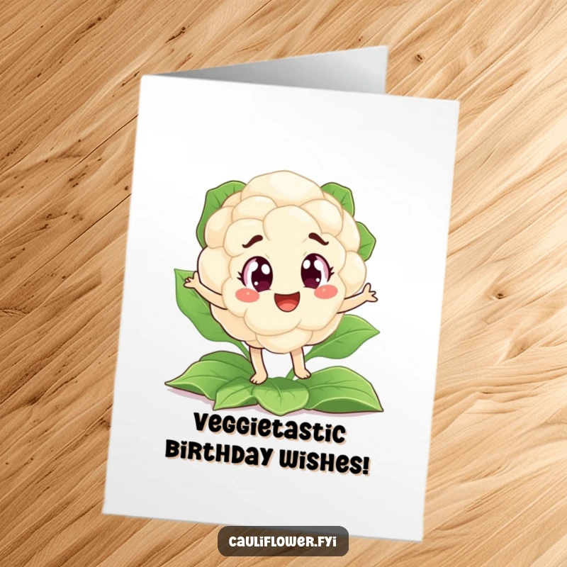 Funny Free Printable Birthday Card: A silly cauliflower with big, excited eyes doing a jig on leaves.