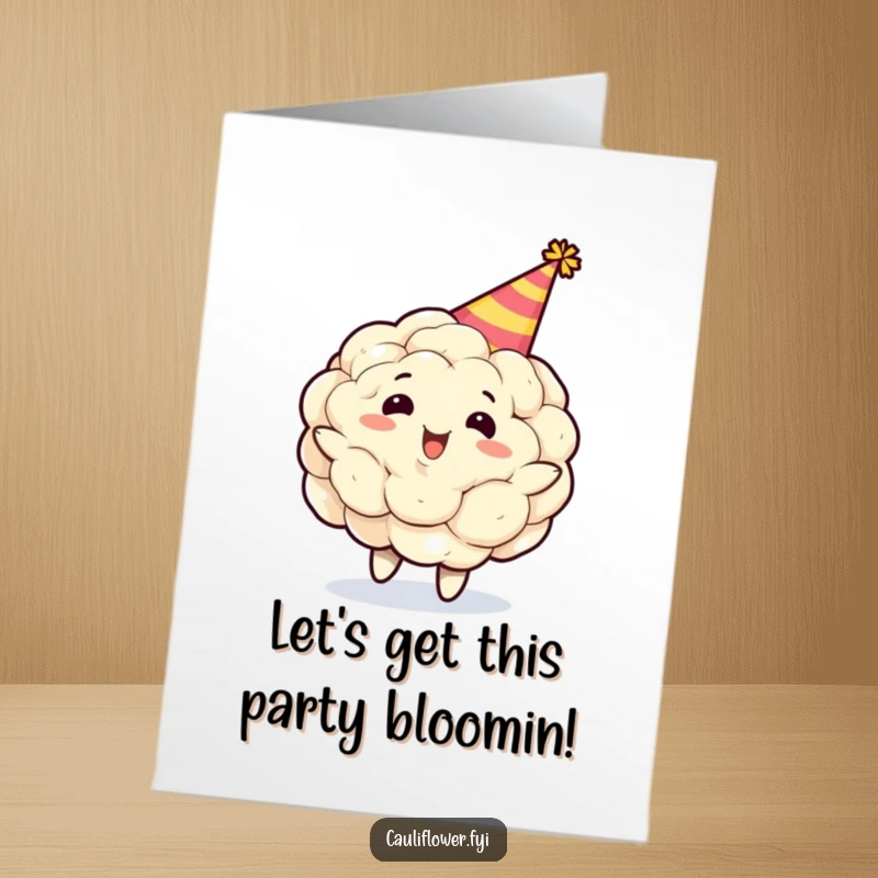 Funny Free Printable Birthday Card showing a gleeful cauliflower in a party hat spinning with joy, ready for a celebration.