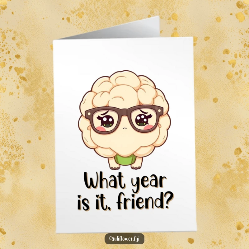 Funny free printable birthday card featuring a kawaii cauliflower wearing oversized glasses with a bewildered and confused expression.