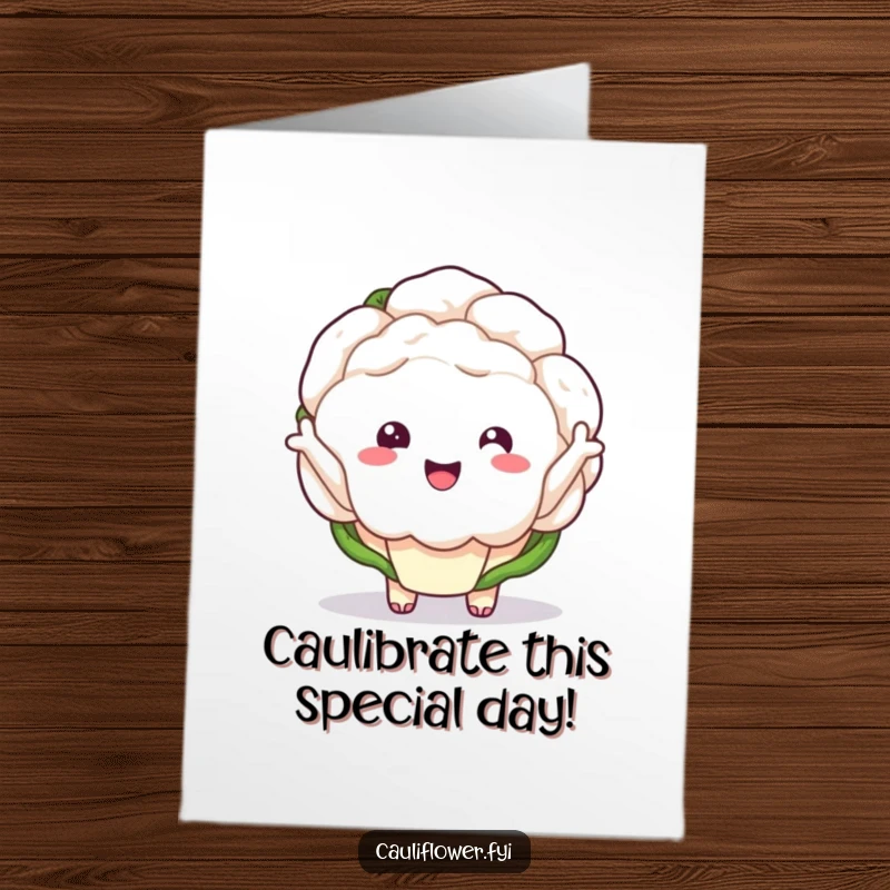 Funny free printable birthday card featuring a kawaii cauliflower with tiny arms waving hello in a super enthusiastic manner.