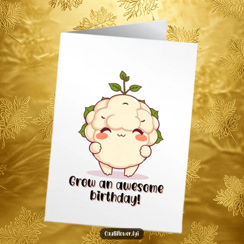 Funny Free Printable Birthday Card: A plump, happy cauliflower balancing a small green sprout on its head.