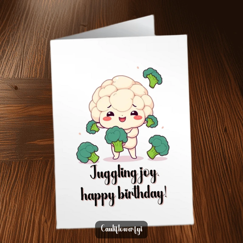 Funny Free Printable Birthday Card: Kawaii cauliflower skillfully juggling broccoli florets, celebrating a birthday with focus and flair.