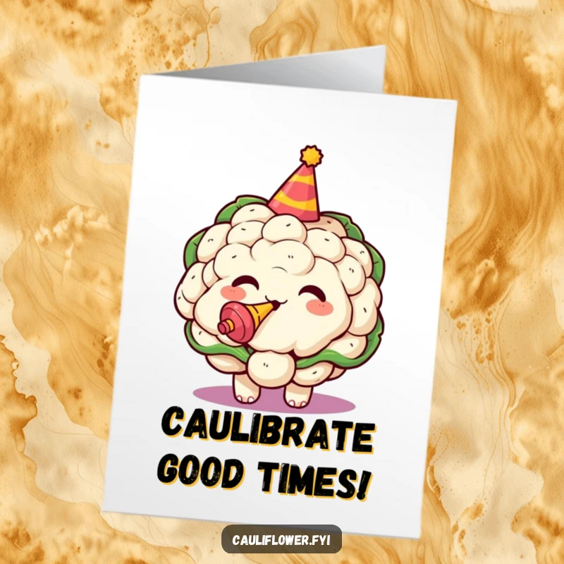Funny Free Printable Birthday Card: Kawaii cauliflower in a party hat, blowing a noisemaker with pure birthday glee.