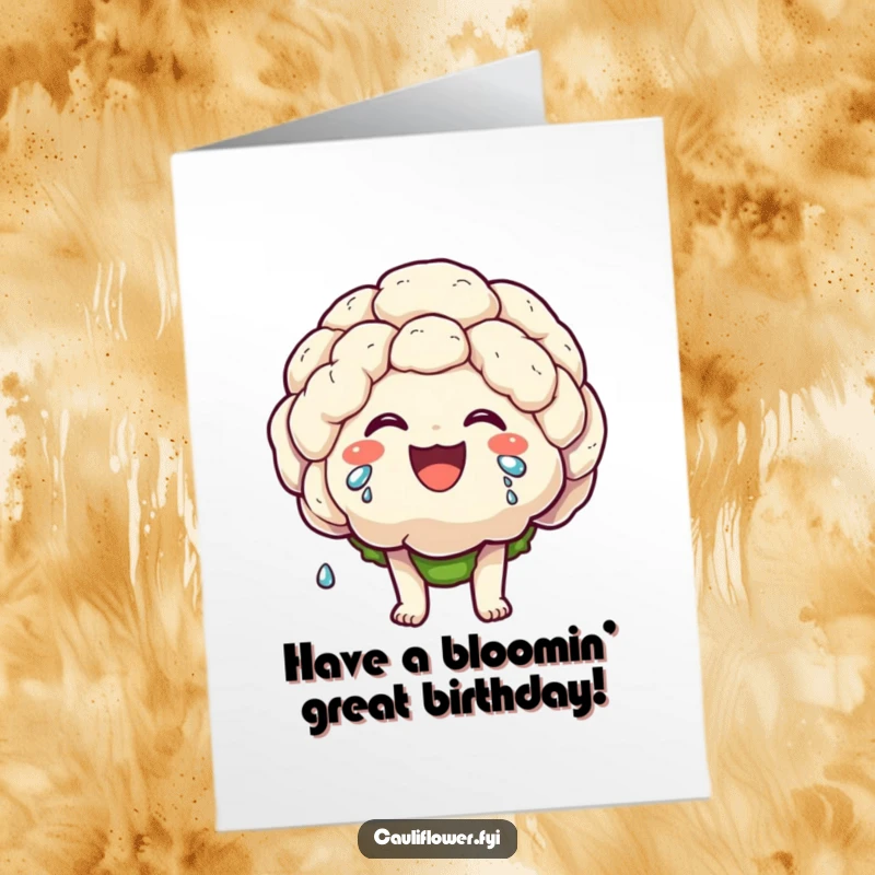 Funny Free Printable Birthday Card: Kawaii cauliflower character laughing heartily, tears of joy streaming down its face.