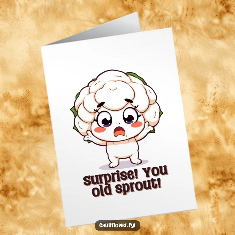 Funny Free Printable Birthday Card: Kawaii cauliflower with wide, surprised eyes in a dramatic pose.