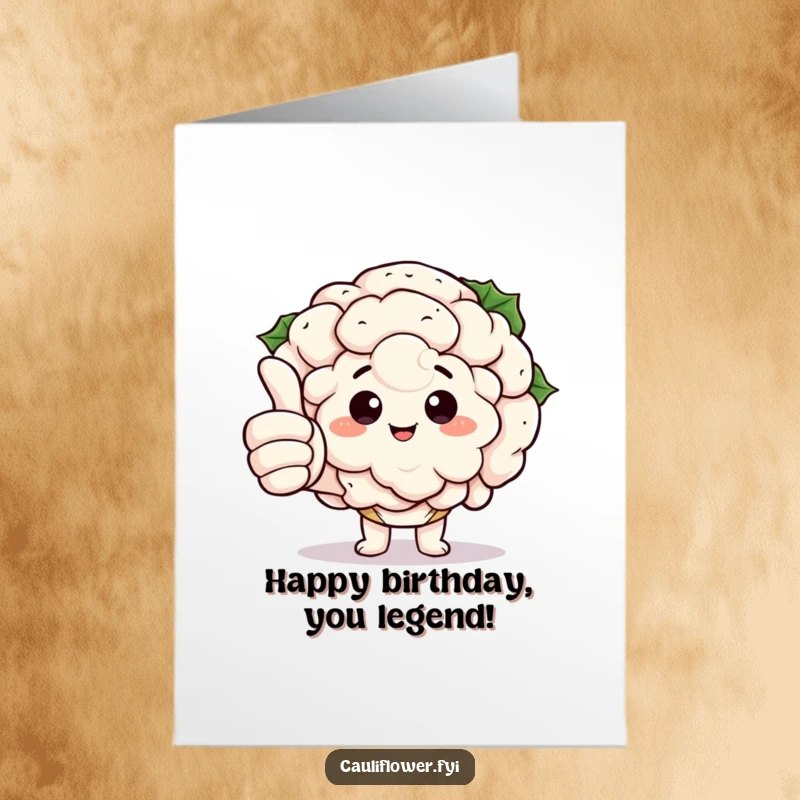 Funny free printable birthday card: a kawaii cauliflower character gives a big thumbs up with enormous fingers.