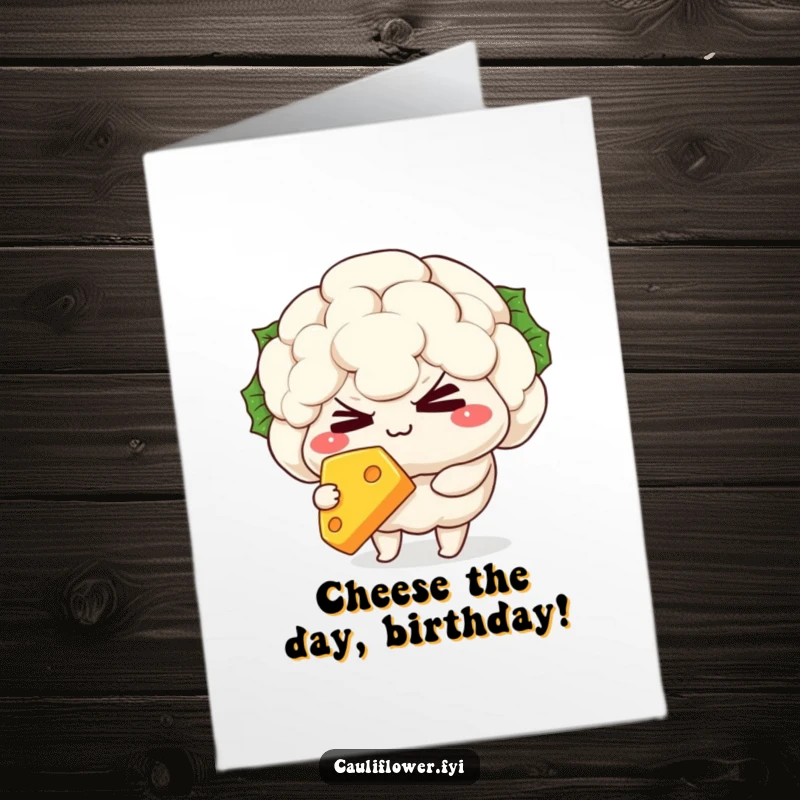Funny Free Printable Birthday Card: Kawaii cauliflower winking mischievously, holding a slice of cheese.