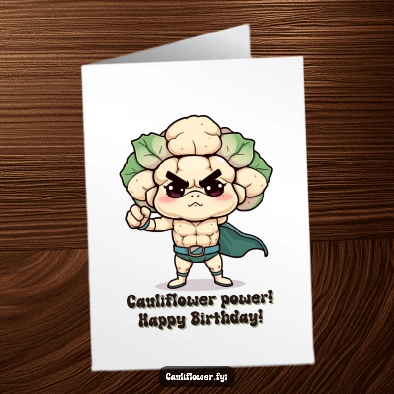 Funny free printable superhero cauliflower striking a determined, powerful pose, ready to save the day on a birthday card.