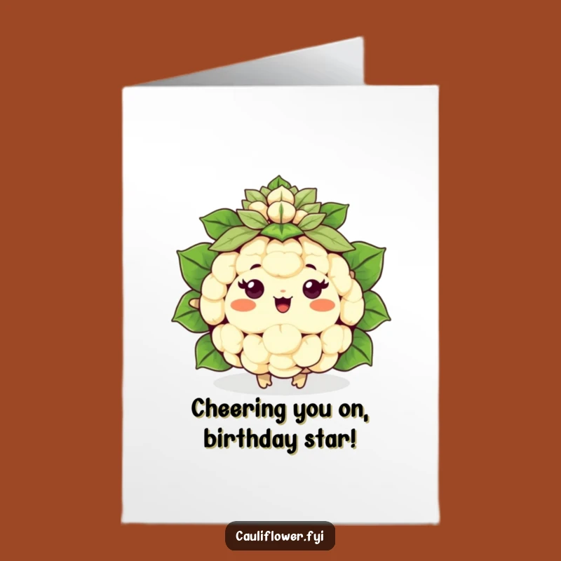 Funny Free Printable Birthday Card: Cheerful Kawaii Cauliflower - Leaf Pom-Pom
