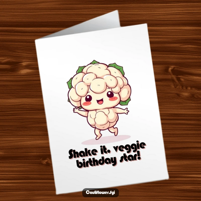 Funny Free Printable Birthday Card: Kawaii cauliflower doing a silly shuffle dance with joy, perfect for a fun DIY birthday card.