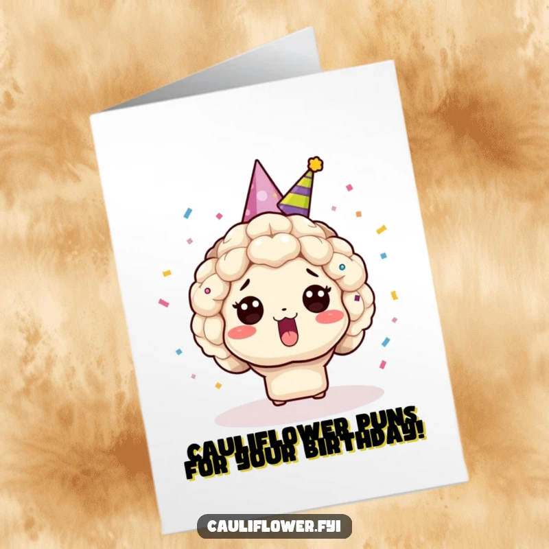 Funny Free Printable Birthday Card: Shocked Kawaii cauliflower in party hat, confetti explosion, perfect for a memorable DIY gift.