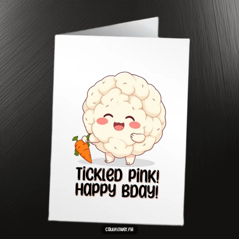 Funny Free Printable Birthday Card: A large, cheerful cauliflower character giggles uncontrollably while playfully tickling a small, surprised carrot.