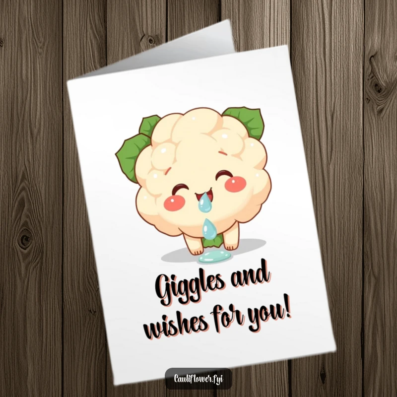 Funny Free Printable Birthday Card featuring a cauliflower piece giggling while perfectly balancing a tiny dewdrop on its head.