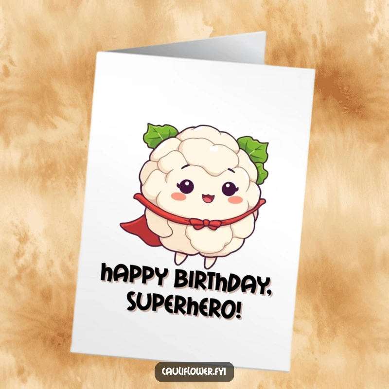 Funny free printable birthday card: a cauliflower wearing a cape, flapping its arms, pretending to fly with superhero enthusiasm.