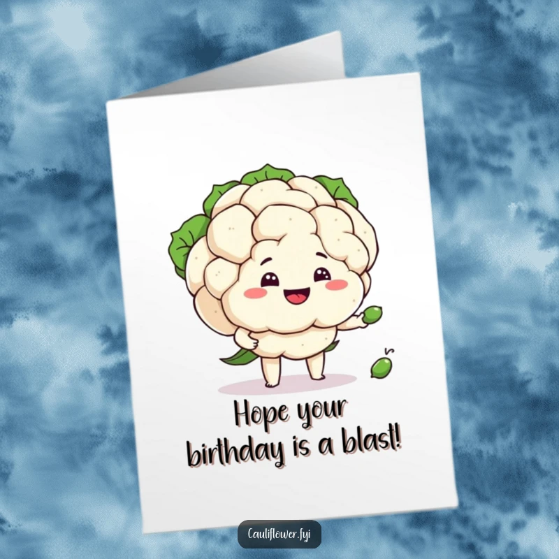 Funny Free Printable Birthday Card: A cauliflower with a silly grin attempting to juggle three small green peas.