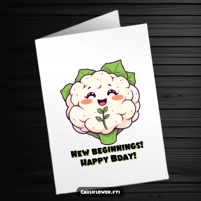 Funny Free Printable Birthday Card: A smiling cauliflower happily sprouts a tiny, joyful seedling cauliflower, celebrating growth and birthdays.