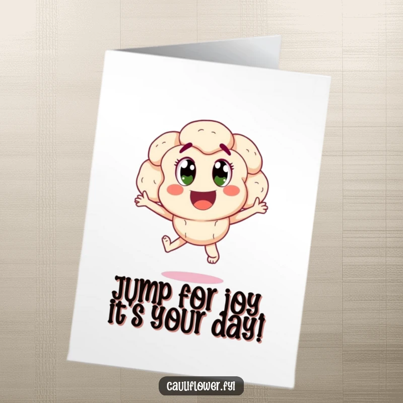 Funny Free Printable Birthday Card: A happy cauliflower with wide, excited eyes jumping high in the air with pure joy.