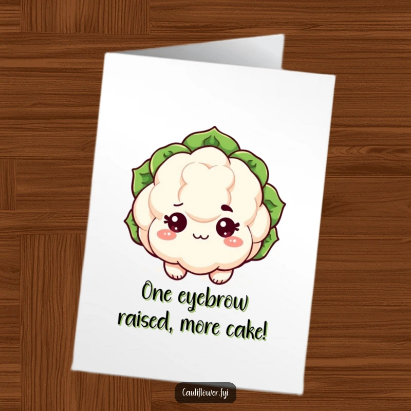Funny free printable birthday card featuring a kawaii cauliflower with sparkling eyes and a raised eyebrow, looking sassy.