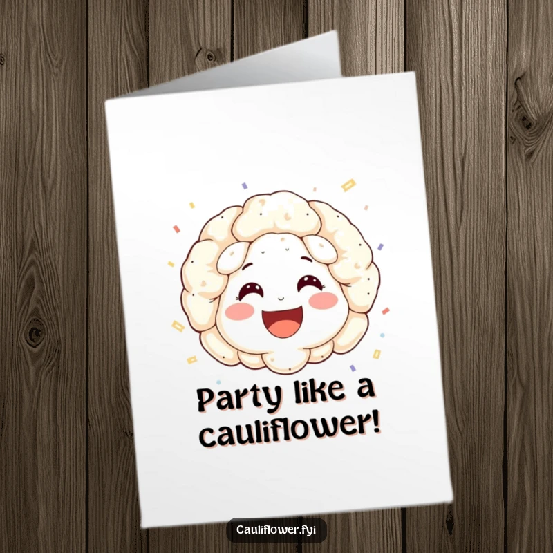 Funny Free Printable Birthday Card: A cauliflower face with rosy cheeks and wide smile throwing colorful confetti.