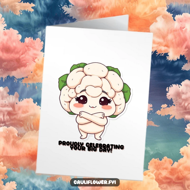Funny Free Printable Birthday Card featuring a cauliflower head with arms crossed looking very proud of itself, radiating confidence.