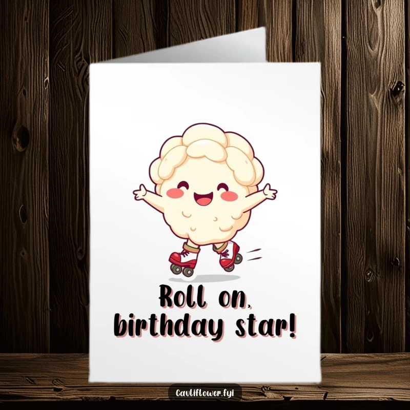 Funny Free Printable Birthday Card: Smiling cauliflower zooms on roller skates, arms outstretched in pure joy, spreading birthday cheer.