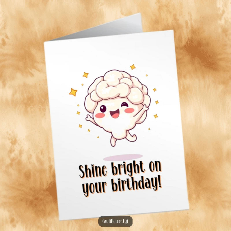 Funny Free Printable Birthday Card: A cauliflower character joyfully jumping with stars bursting around it. Dynamic art.
