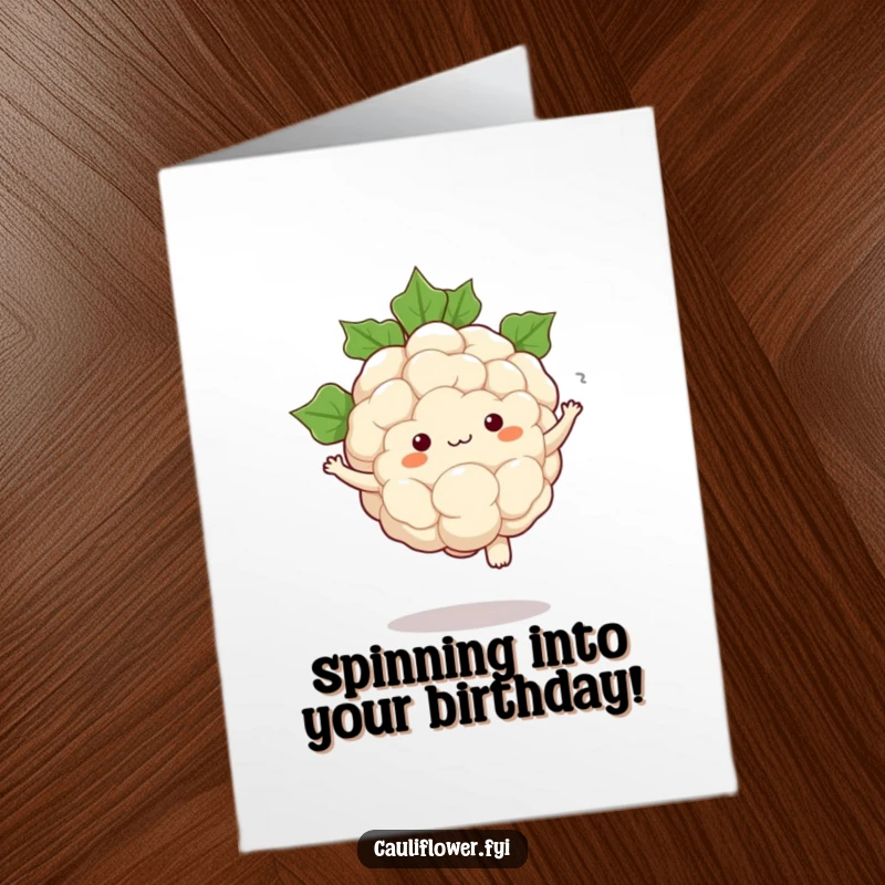 Funny Free Printable Birthday Card: A kawaii cauliflower performing a comical pirouette with leaves swirling around it.