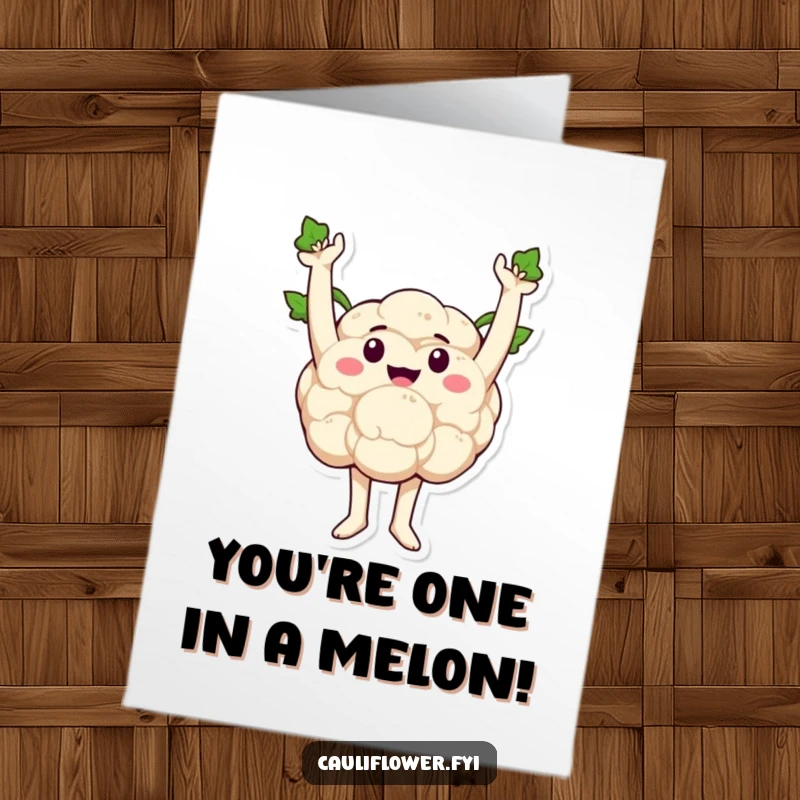 Funny Free Printable Birthday Card featuring a cauliflower with sprout arms raised high in a triumphant, celebratory pose.