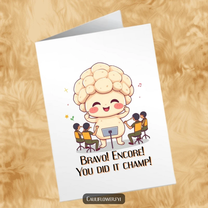 Funny Free Printable Congratulations Card: A joyful cauliflower with sprout arms conducting a tiny orchestra, celebrating a big win.