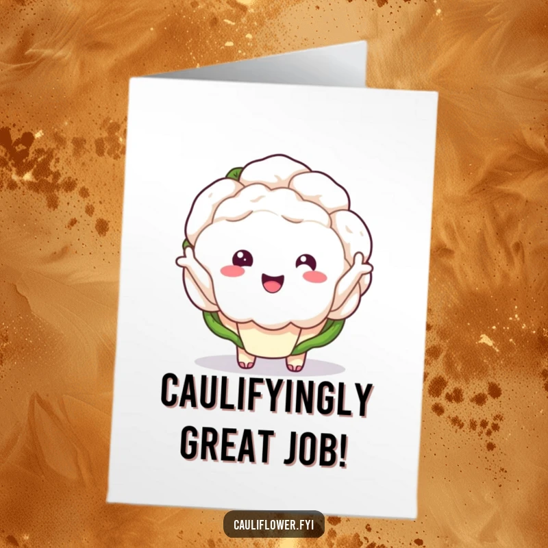 Funny free printable congratulations card showing a kawaii cauliflower with its tiny arms waving enthusiastically in celebration.