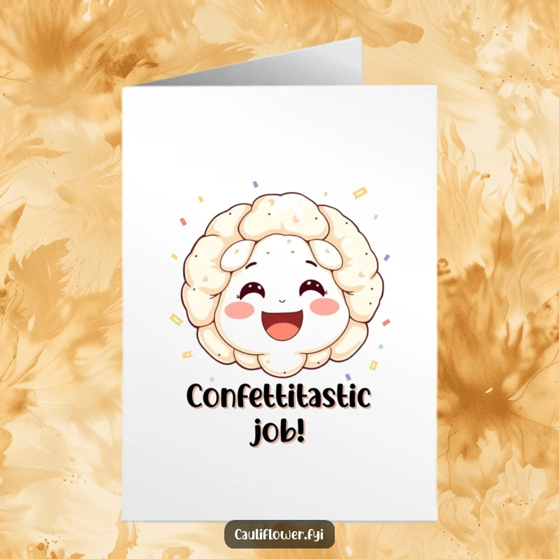 Funny Free Printable Congratulations Card: A smiling cauliflower face with rosy cheeks joyfully throwing confetti.