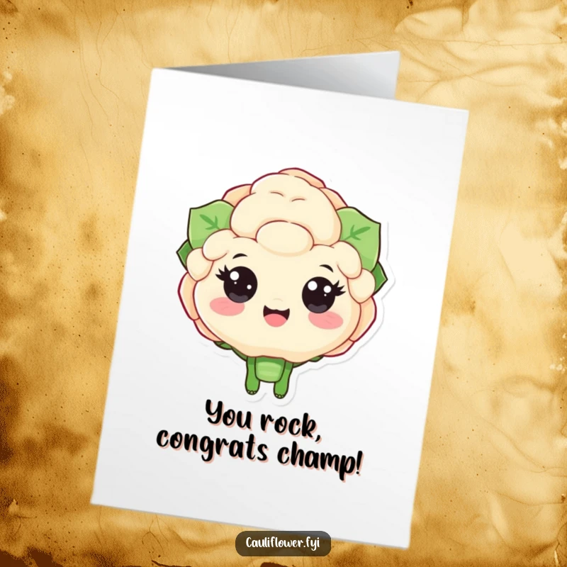 Funny Free Printable Congratulations Card with a happy cauliflower character with big eyes cheering loudly for a big achievement.