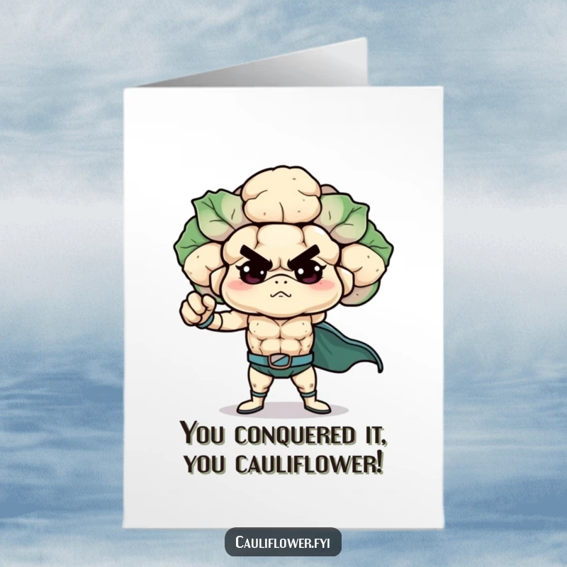 Funny free printable cauliflower striking a superhero pose, celebrating a big win with a congratulatory message, downloadable art.