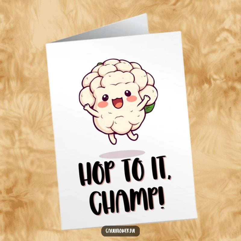 Funny free printable congratulations card showing a kawaii cauliflower doing a joyful little hop with a bounce, celebrating an occasion.