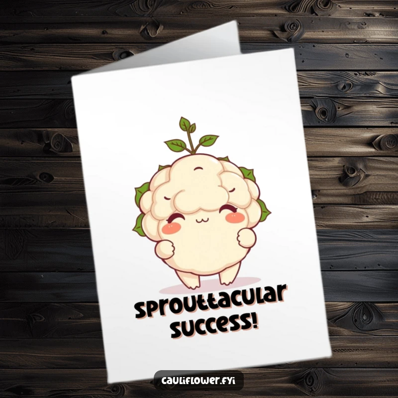 Funny Free Printable Congratulations Card: A plump, joyful cauliflower character balancing a tiny sprout on its head.
