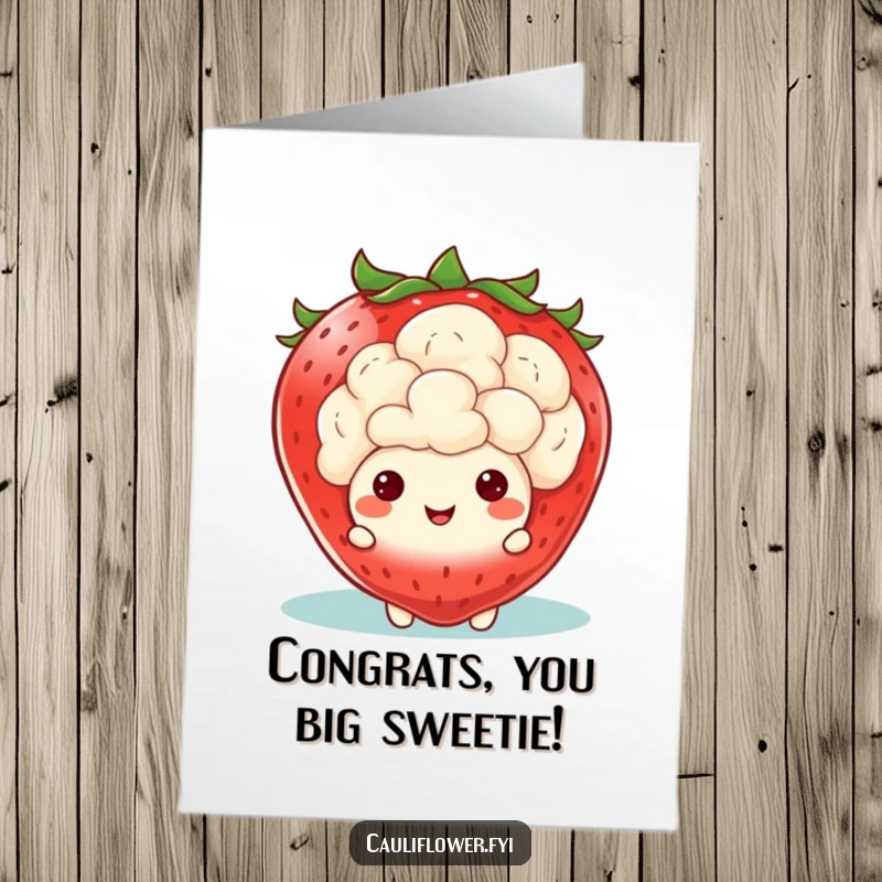 Funny free printable congratulations card featuring a kawaii cauliflower peeking from behind a large smiling strawberry.