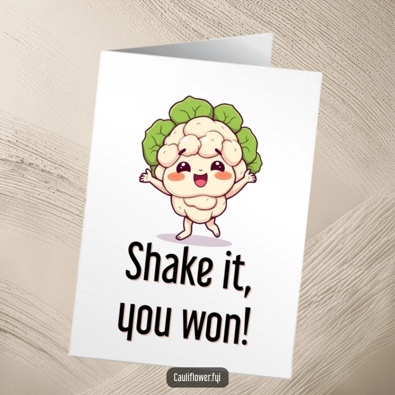 Free Printable Congratulations Card: A vegan character performs a funny dance, florets wobbling, celebrating a momentous occasion with hilarious flair.