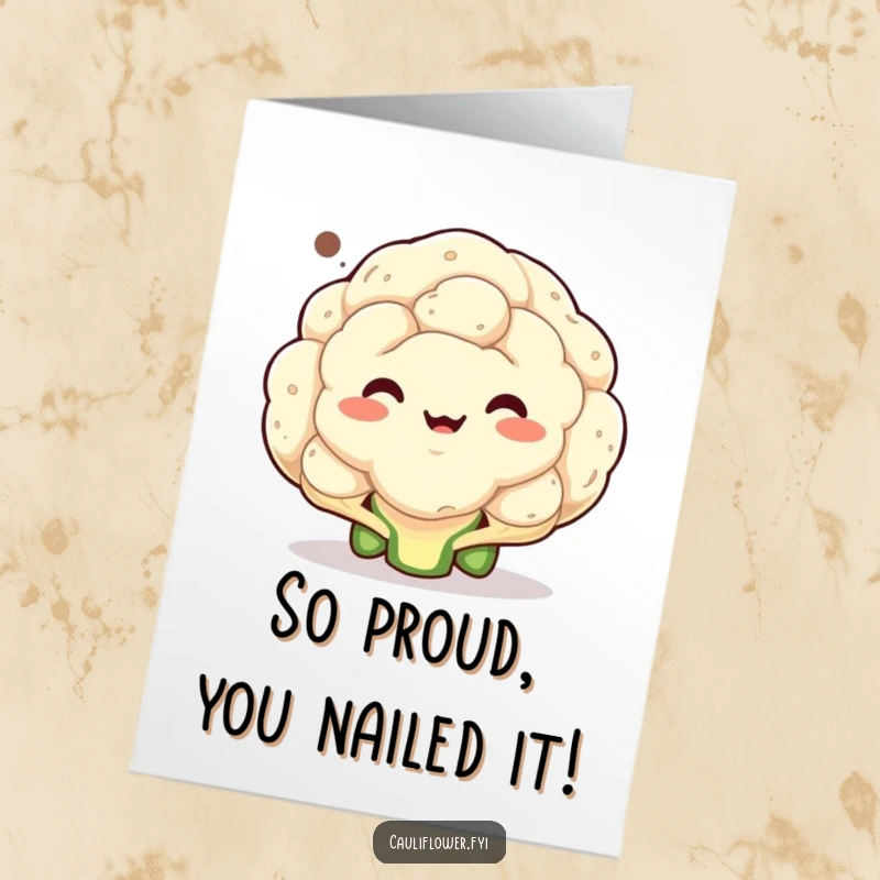Funny free printable congratulations card: a cauliflower making a hilarious, exaggerated face, with a speech bubble sending good vibes.
