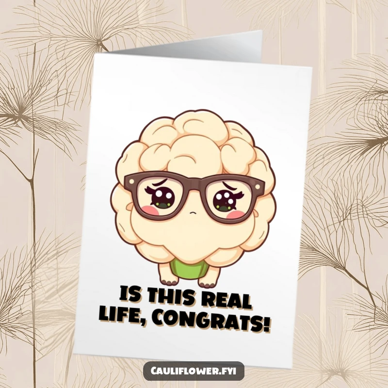 Funny free printable congratulations card showing a kawaii cauliflower in large glasses looking utterly confused.