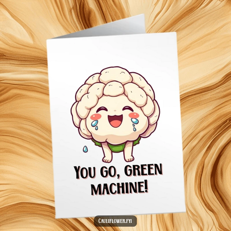 Funny Free Printable Congrats Card: Kawaii cauliflower character laughing so hard tears of joy stream down.