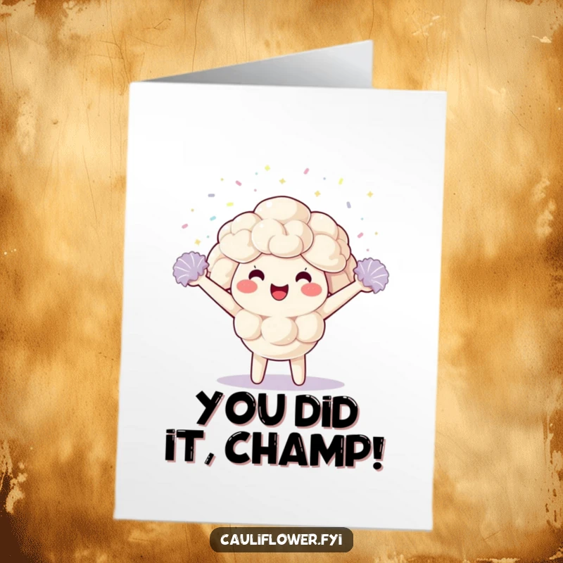 Funny Free Printable Congratulations Card: Kawaii cauliflower enthusiastically cheering with pom-poms and sparkly confetti.