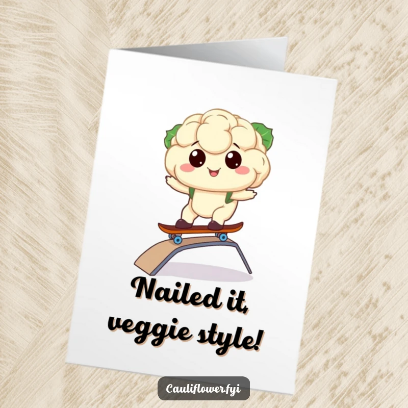 Funny Free Printable Congrats Card: Kawaii cauliflower on a skateboard, cruising down a ramp with a huge smile, celebrating achievement.