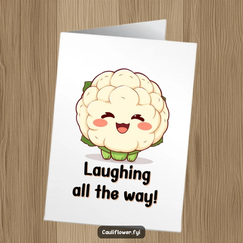 Funny Free Printable Congratulations Card featuring a kawaii cauliflower with deep laughter lines, expressing extreme delight and cheer.